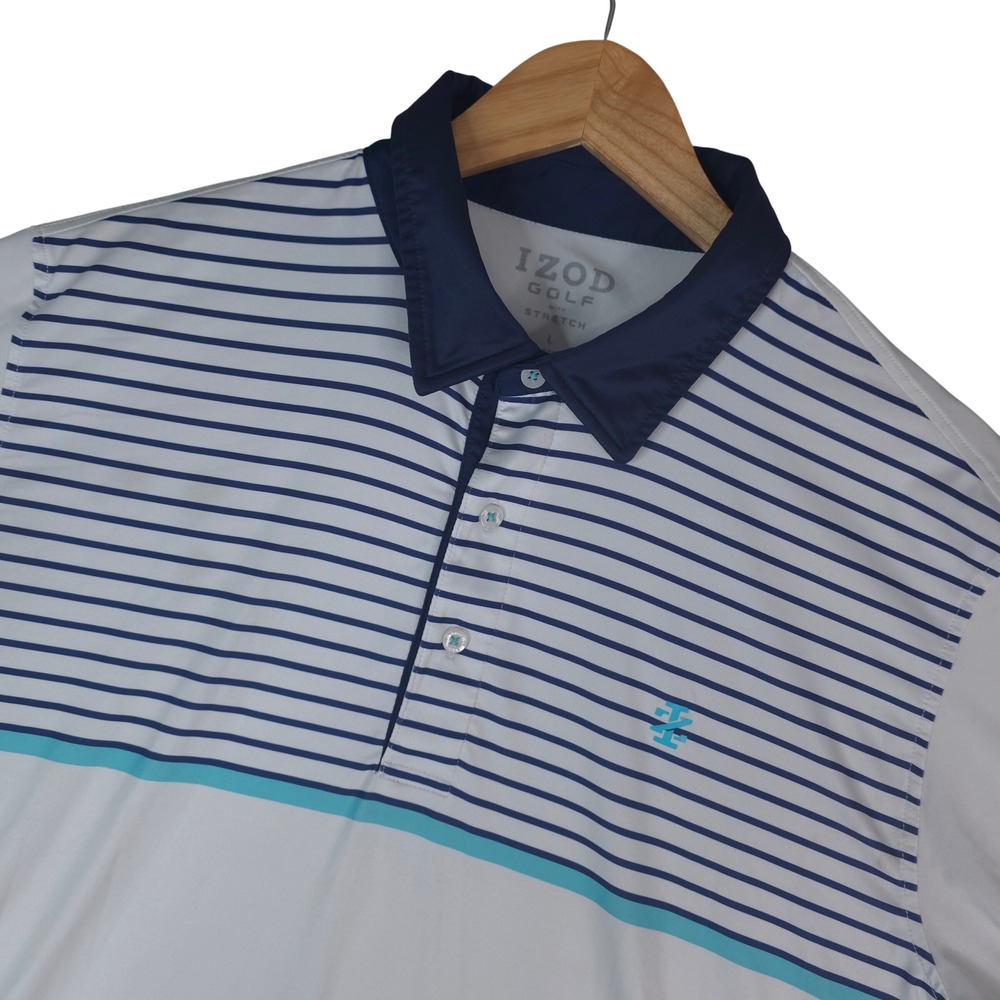 IZOD Golf Polo Shirt Mens L White Navy Blue Striped Stretch Performance